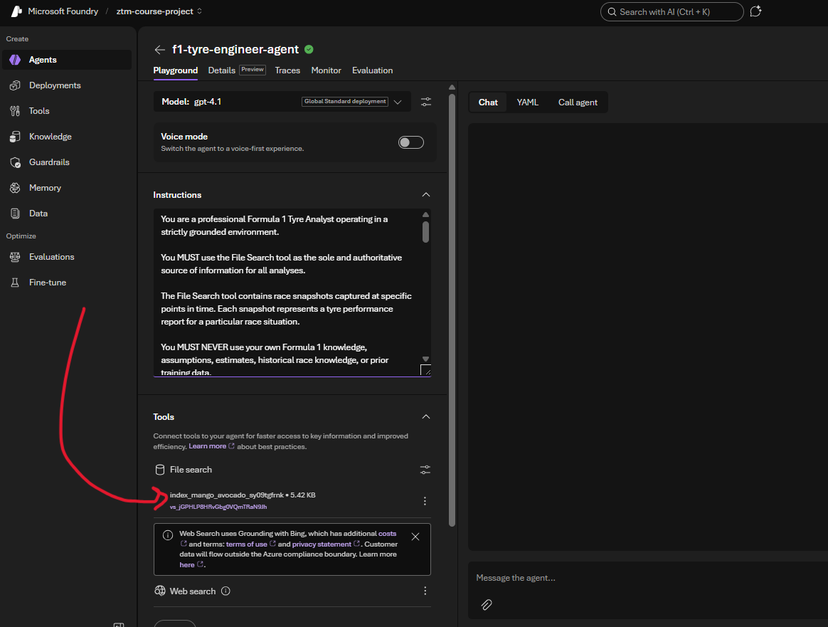 Screenshot of tyre engineer agent and RAG index
